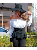 【LATINA】ウエストスピンドルオフショルペプラムトップス/BK