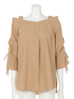 オフショルスタンド袖ギャザーブラウス/キャメル