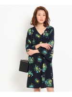 Vネックベルスリーブ花柄ワンピース/ネイビー(193)