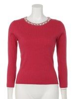 スプリング衿ビジューリブニット/ライトベージュ