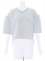 ボリュームスリーブボーダーカットトップス/ホワイト