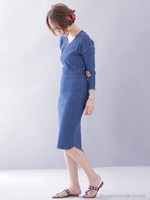 インディゴワッフルVネックロングワンピース/Lブルー