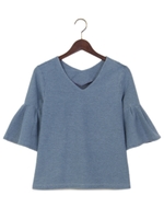 カットデニム袖タックフレアー 5分袖/ブルー