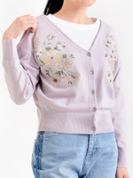 花刺繍Vニットカーディガン/ラベンダー