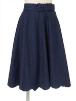 【F&A】裾スカラップデニムフレアースカート/BLUE