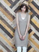 ウラ片畦 リネンニット Vネックロングベスト/モカ