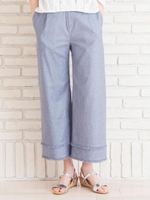 麻混裾フリンジワイドパンツ/L/グレー柄