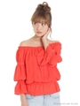 レース切替オフショルブラウス/レッド