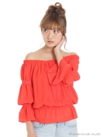 レース切替オフショルブラウス/レッド