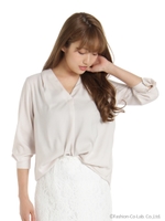 サテン裏使いVネックブラウス/ピンク