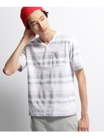 ヘリンボンマルチボーダー Vネック Tシャツ/ワインレッド(163)