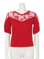 【sw】チュールレースデザイン切替半袖TOP/レッド