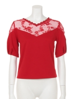 【sw】チュールレースデザイン切替半袖TOP/レッド