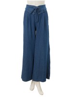 レースアップデニムロングワイドパンツ/サックス