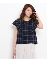 〔洗える〕フリル袖チェックブラウス/ネイビー(293)