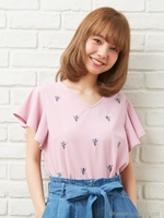 カットJZ袖フレアー総柄刺繍/TOPS/ラベンダー/ピンク