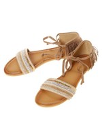 ビジューレースアップサンダル/ベージュ