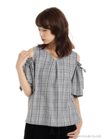 グレンチェック肩あきオフショル/アイボリー