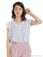 バックリボンVネックブラウス/ブルー