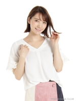 レース切り替えフレアスリーブブラウス/ピンク