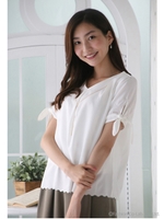 半袖リボンVネックレス付BL/オフ