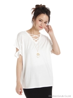 ネックレス付WクロスカットスリープTシャツ/オフホワイト