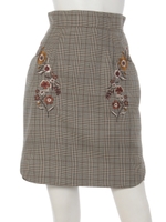 チェック刺繍タイトスカート/ブラウン
