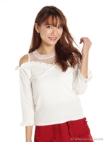 ハイネック肩あき　７分袖トップス/ホワイト