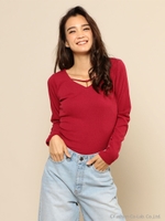バインダーハートネック長袖Ｔシャツ/ボルドー