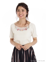 シアーフラワー刺しゅうリブカットソー/ワイン