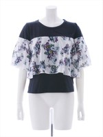 花柄フリル切替カットトップス/ホワイト