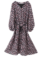 【ワンピース】花柄ミディワンピース/グレー