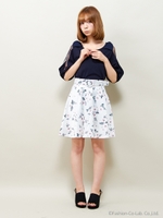 共ベルト付花柄フレア/スカート/コン