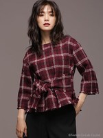 ウールブレンドチェックプルオーバー/ボルドー