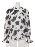 シャーリングネックフラワーTOP/BLK