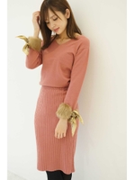 ファースカーフスリーブ　ニットセットアップ/ローズピンク1(091)