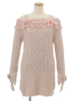 リボン通しオフショルニットワンピース/ピンク