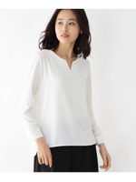 【洗える】キーネックストレッチブラウス/ホワイト系(902)