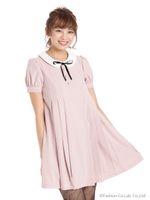 丸衿リボンワンピ/ピンク