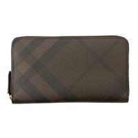 【新品】 バーバリーロンドン チェック柄ラウンドファスナー長財布 チョコブラック 牛革 y-000965
