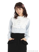 チャイナリボン付きスクエア衿トップス/ブルー