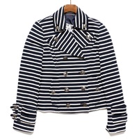 ボーダーダブルブレストコットンPコート 38 バーバリーブルーレーベル 65266 BURBERRY BLUE LABEL ホワイト×ネイビー レディース