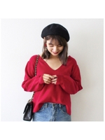 2way Vネックボタンニット/レッド