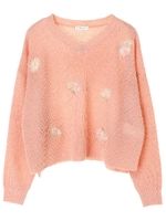 ・花刺繍畦ニットプルオーバー/ライトピンク