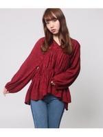 花柄Vネックギャザーブラウス/ワイン(026)