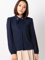 襟装飾リボン付きブラウス/ネイビー