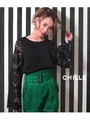 【CHILLE】袖レースプルオーバー/ブラック(027)