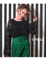 【CHILLE】袖レースプルオーバー/ブラック(027)