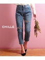 【CHILLE】ニークラッシュゆるデニムパンツ/ブルー(019)