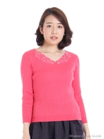 同色ビジューフラワーニットP/O/ピンク